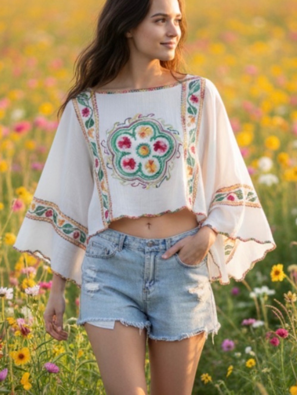Boho Floral Embroidered Multi wear Poncho Kimono Cover up